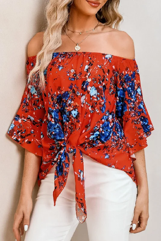 Tied Printed Off-Shoulder Half Sleeve Blouse Bell Sleeve Blouse