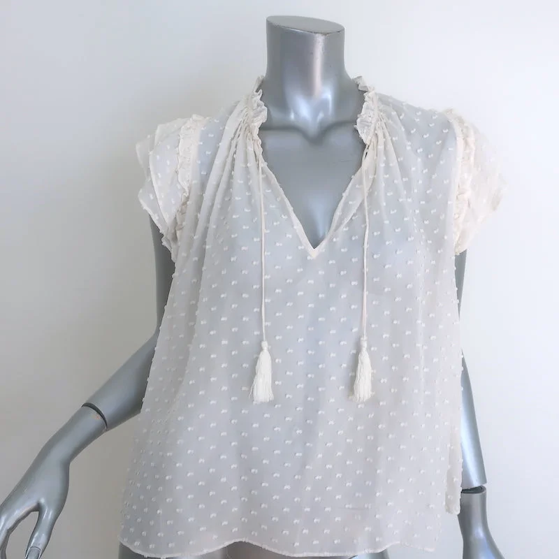 Ulla Johnson Reine Tassel Top Ivory Swiss Dot Chiffon Size 6 Cap Sleeve Blouse Chic Ruffle Blouse