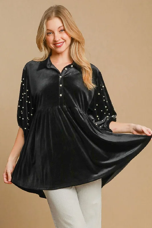 Umgee Pearl Detail Half Sleeve Velvet Babydoll Blouse Embellished Collar Blouse