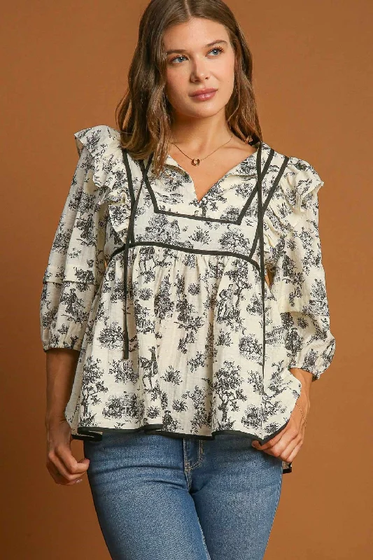 Umgee Ruffled Tie Neck Puff Sleeve Babydoll Blouse Lightweight Floral Blouse