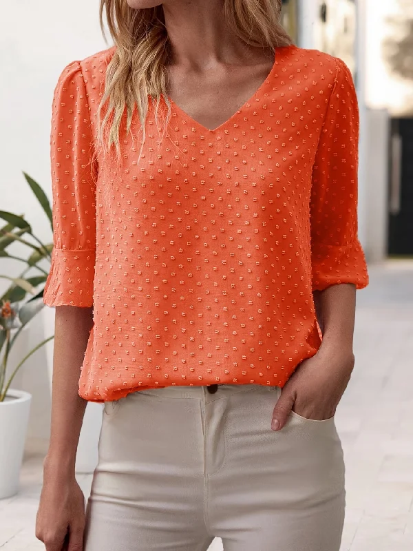 V-neck Loose Chiffon Casual 3/4 Long Sleeve Fashion Blouses Tops Modern Work Blouse