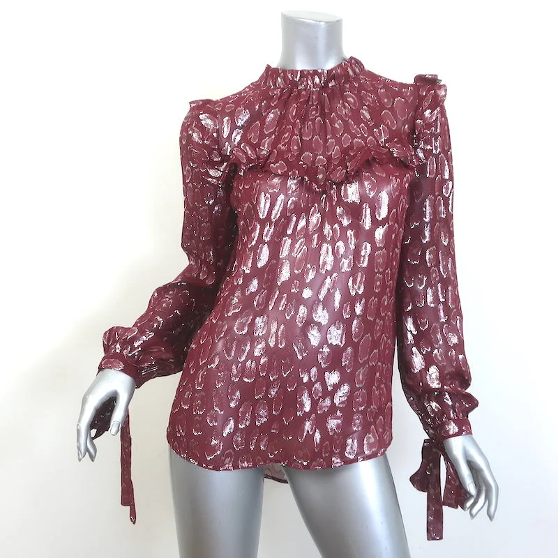 Veronica Beard Brooks Tie-Sleeve Blouse Burgundy Metallic Silk Size 6 NEW Frilled Cuff Blouse