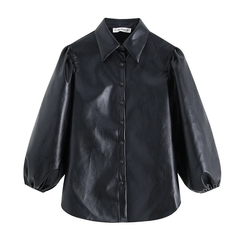 Vintage Black PU Faux Leather Blouse Shirt Women Boho Chic Blouse