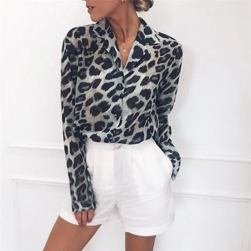 Vintage Blouse Long Sleeve Sexy Leopard Print Modern Oversized Blouse