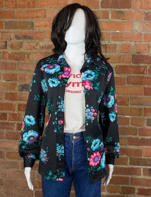 Vintage NPC Fashions Floral Print Blouse Shirt 70s Black and Blue Large Ruffled Neck Blouse Vintage NPC Fashions Floral Print Blouse Shirt 70s Black and Blue Large Ruffled Neck Blouse