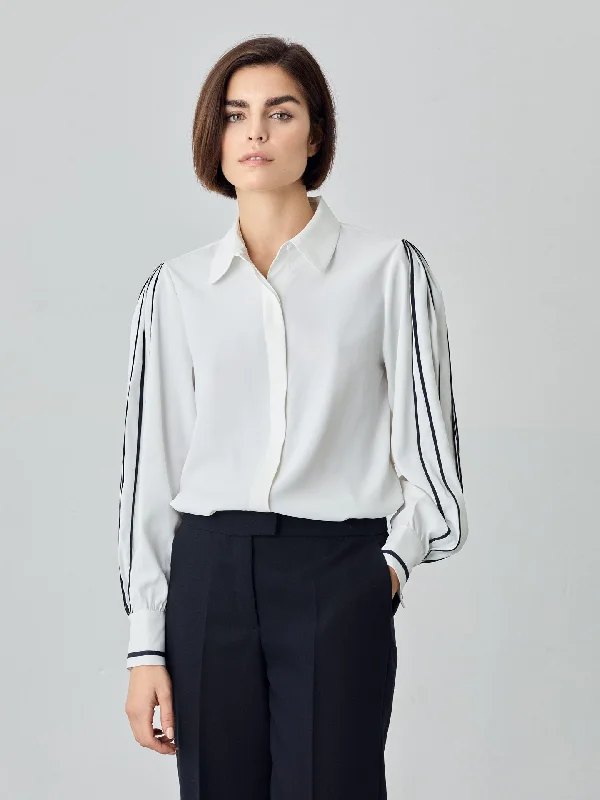 Voluminous Sleeves Blouse In Fluid Twill Fabric With Pleats Detail Elegant Office Blouse