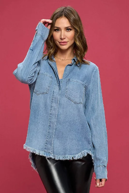 Washed Tencel Light Denim Blouse Casual Button Blouse