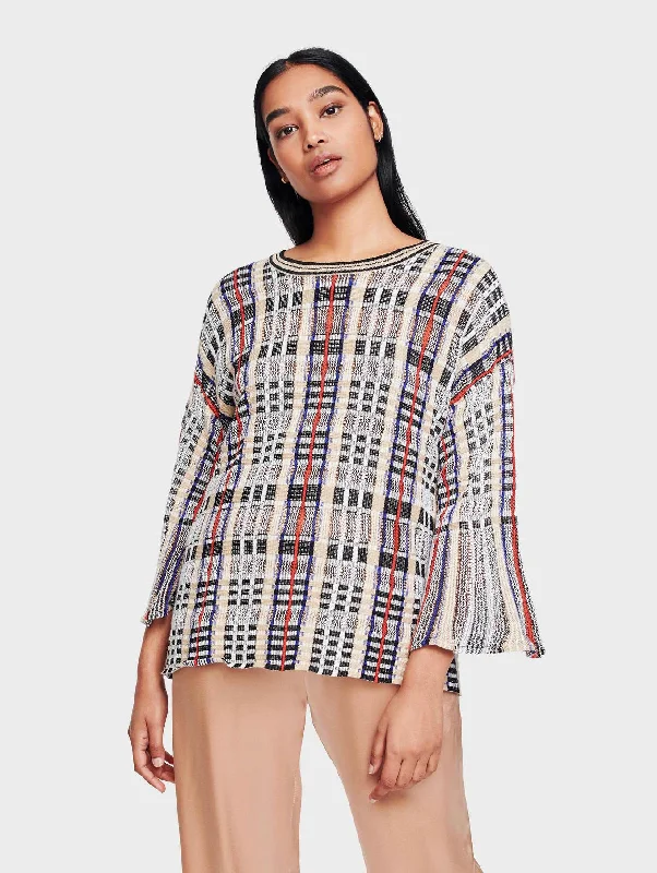 White + Warren - Plaid Flare Sleeve Crewneck Blouse in Bright Multi Elegant Embroidery Blouse White + Warren - Plaid Flare Sleeve Crewneck Blouse in Bright Multi Elegant Embroidery Blouse