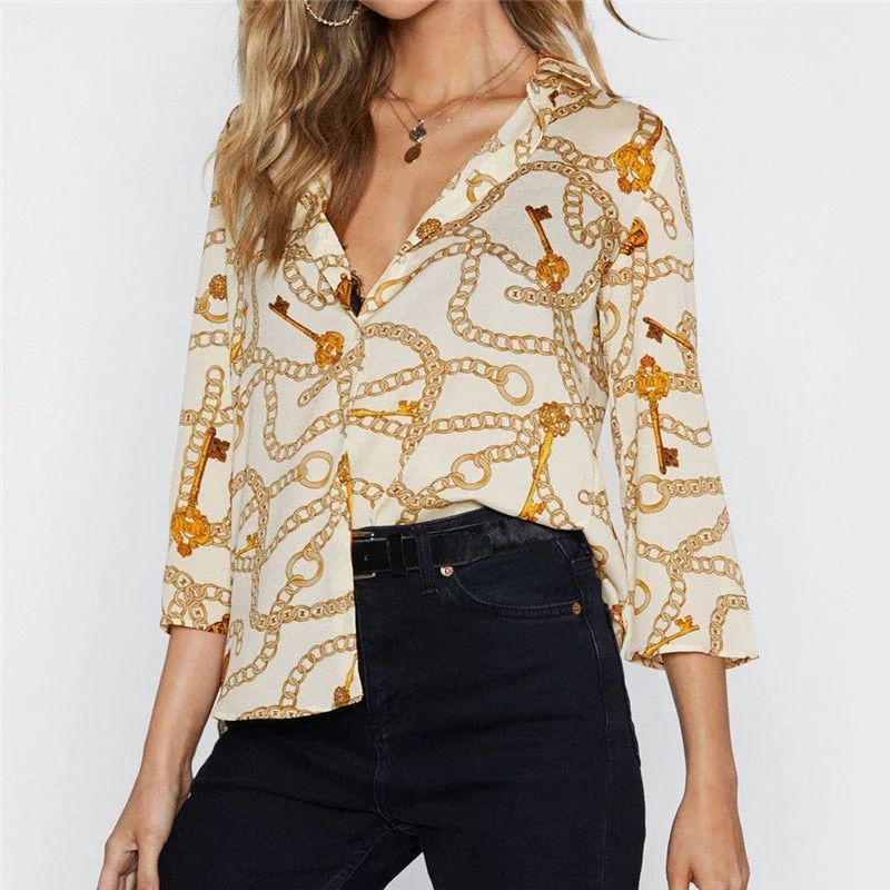 Women Blouses Chain Print Leisure Blouse Boho Printed Blouse