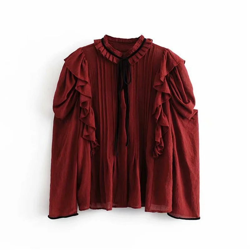 Women Bow Collar Solid Blouse Puff Long Relaxed Fit Blouse