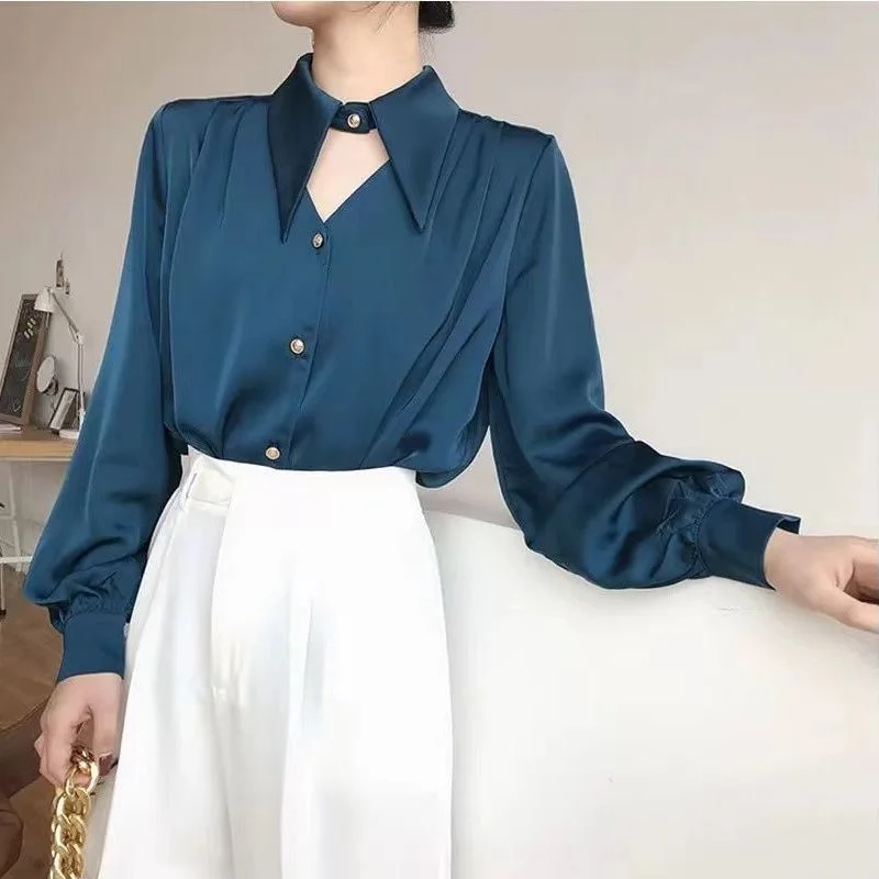Women Fashion Elegant Solid Color Pointed Collar Long Sleeve Cut Out Shirt Blouse Chic Off-Shoulder Blouse Women Fashion Elegant Solid Color Pointed Collar Long Sleeve Cut Out Shirt Blouse Chic Off-Shoulder Blouse