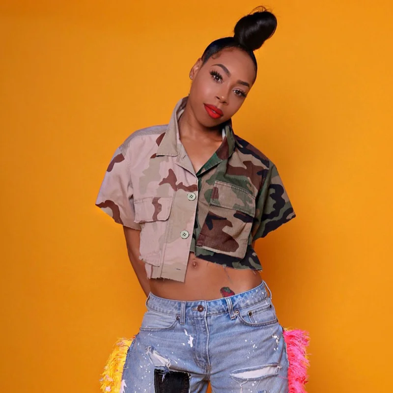 Women Fashion Street Camouflage Blocking Color Short-Sleeved Shirt Raw Hem Blouse Balloon Sleeve Blouse Women Fashion Street Camouflage Blocking Color Short-Sleeved Shirt Raw Hem Blouse Balloon Sleeve Blouse