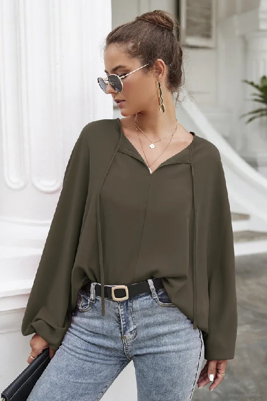 Women's Casual Loose Shirt Balloon Sleeve V-Neck Blouse Top Casual Stripe Blouse