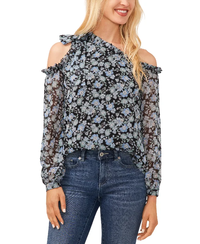 Women's Long Sleeve Cold-Shoulder Bow Floral-Print Blouse Delicate Bow Blouse