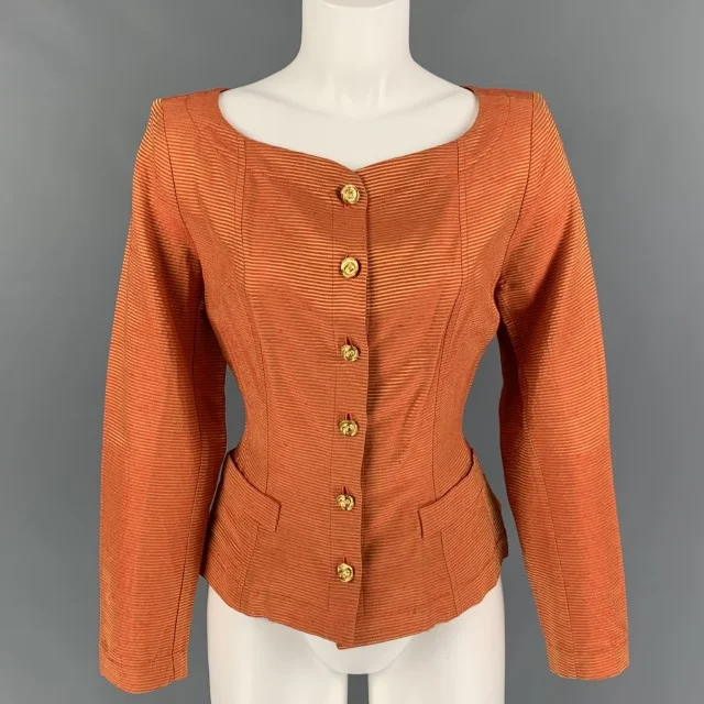 YVES SAINT LAURENT Size 8 Orange Viscose Acetate Stripe Long Sleeve Blouse Side Tie Blouse YVES SAINT LAURENT Size 8 Orange Viscose Acetate Stripe Long Sleeve Blouse Side Tie Blouse