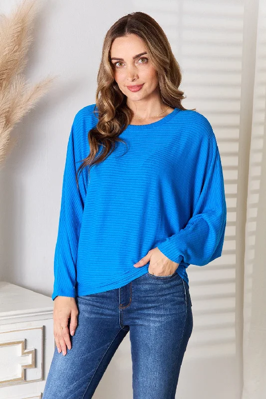 Zenana Full Size Round Neck Batwing Sleeve Blouse Casual Stripe Blouse
