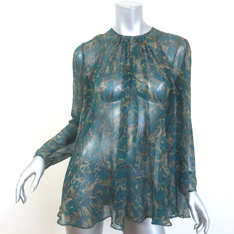 Zimmermann Bow-Back Blouse Teal Printed Chiffon Size 3 Long Sleeve Top Lightweight Tunic Blouse Zimmermann Bow-Back Blouse Teal Printed Chiffon Size 3 Long Sleeve Top Lightweight Tunic Blouse