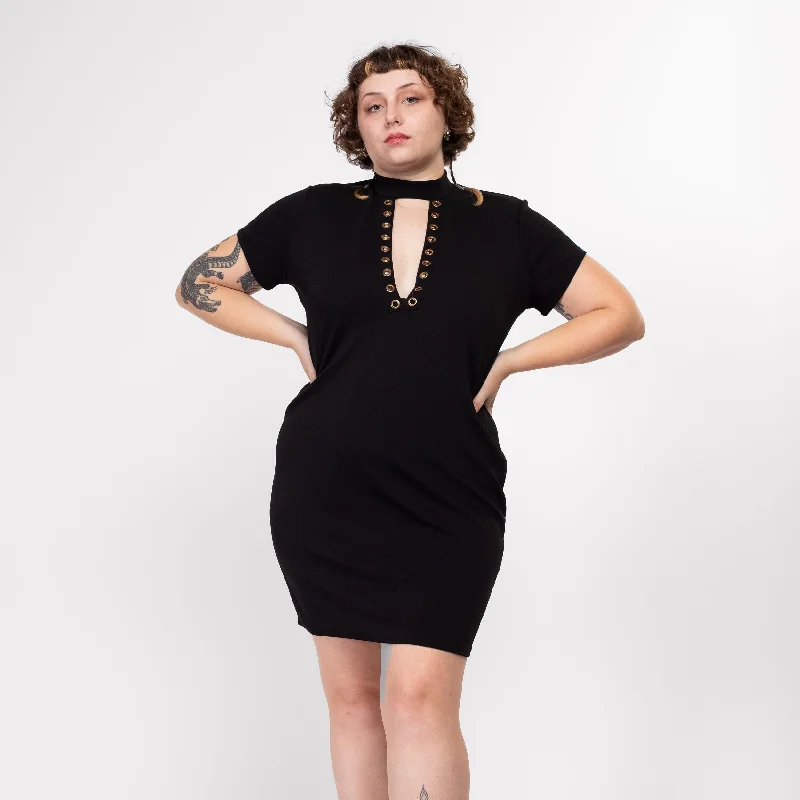 1X 90s Black Grommet Keyhole V Neck Mini Dress