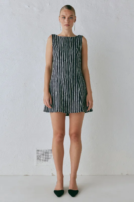 Chloe Linen Mini Dress Black Stripe