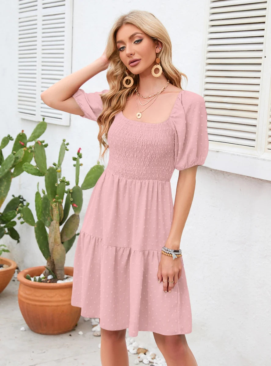 SQUARE NECK PLEATED MINI DRESS Trendy Cut-Out Mini Dress