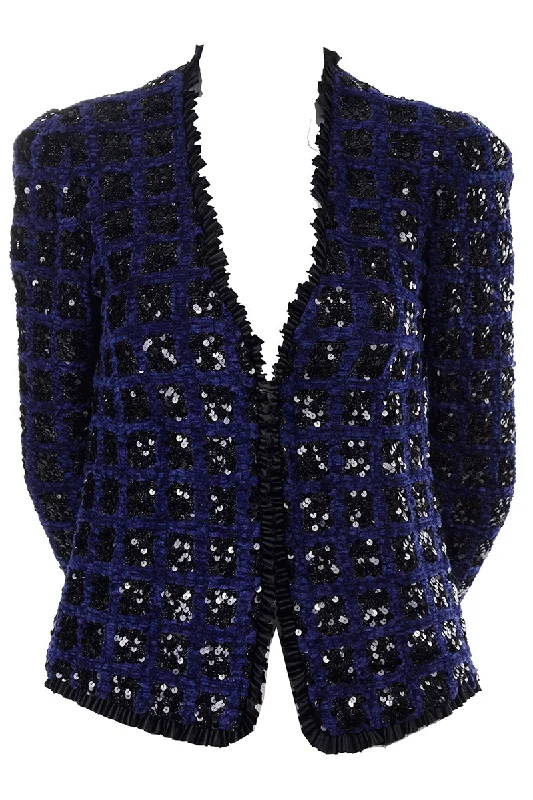 Adolfo Vintage Blue W Black Sequins Evening Jacket Print Jacket Jacquard Jacket Patchwork Jacket