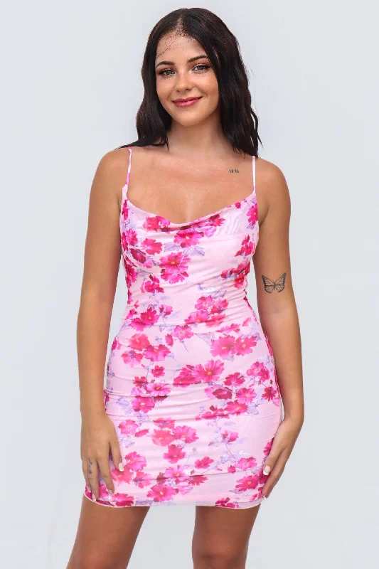 Angelyn Mini Dress - Pink Floral Cozy Knitted Mini Dress