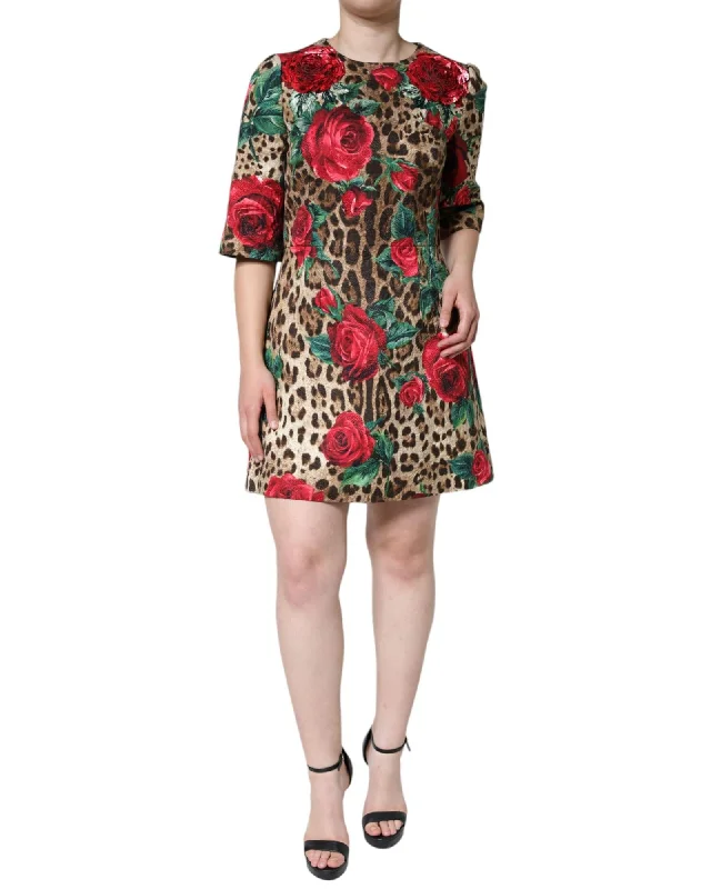 Dolce & Gabbana  Leopard Print & Rose Mini Dress Stylish Short Sleeve Mini Dress
