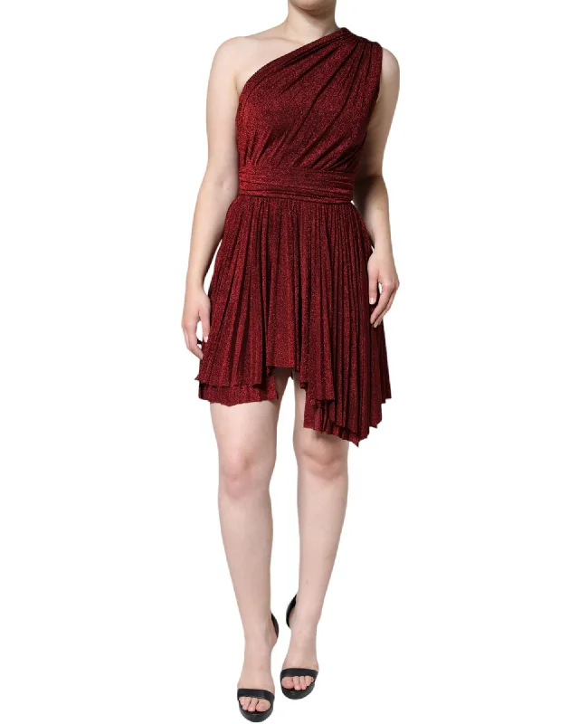Dolce & Gabbana  One-Shoulder Pleated Mini Dress in Burgundy Fashionable Denim Mini Dress