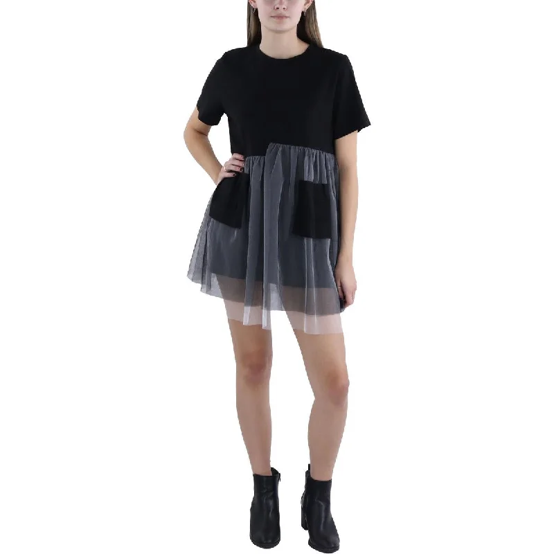 Womens Tulle Trim Short Mini Dress Casual High-Waist Mini Dress