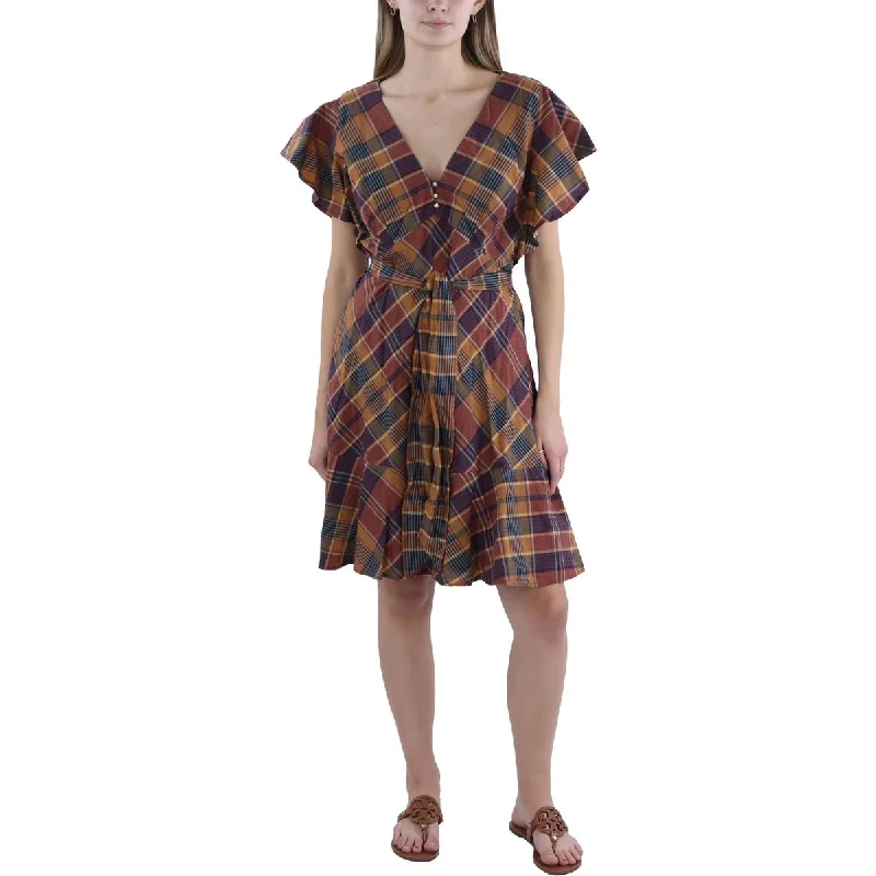 Womens Plaid Flutter Sleeve Mini Dress Cozy Sweater Mini Dress