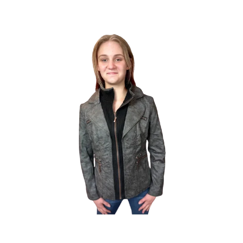 Montana Women's Faux Leather Charcoal Black Jacket Zippered Front Buttoned Front Snap Front