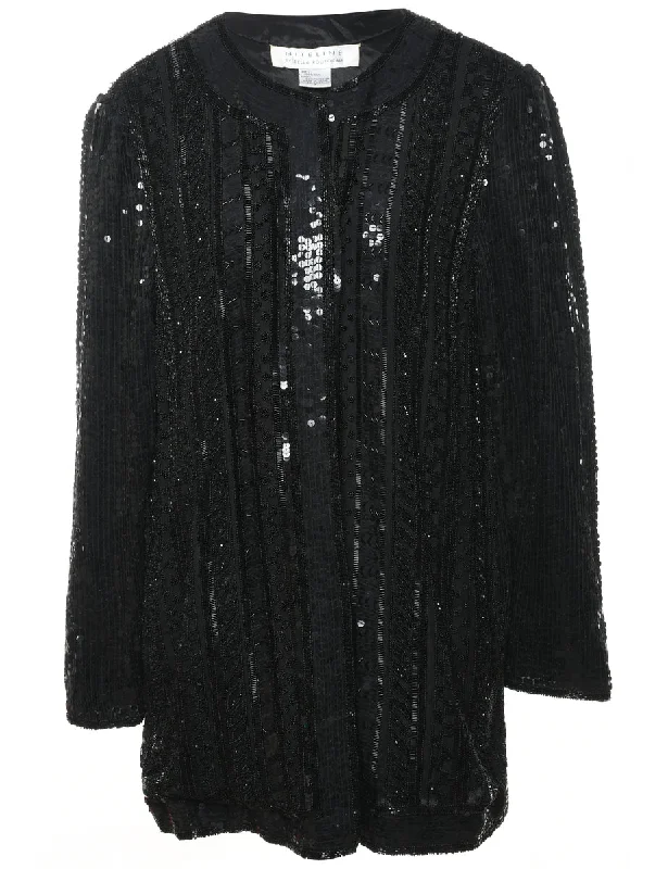 Black Embroidered Silk Evening Jacket - S Front Pockets Side Pockets Patch Pockets