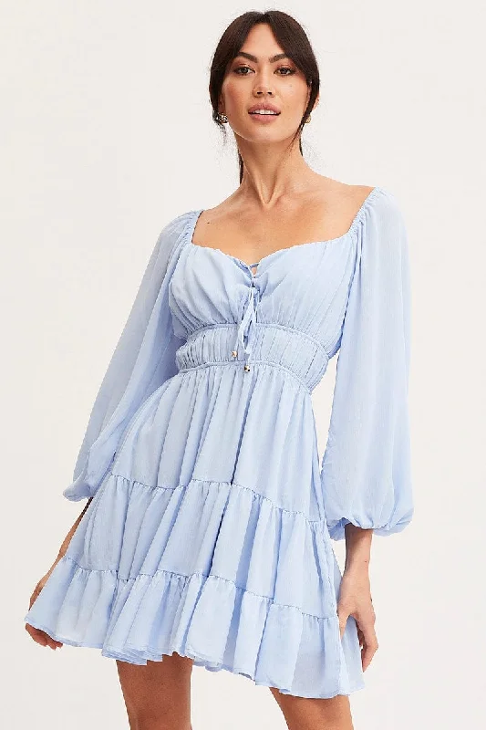 Blue Mini Dress Long Sleeve Evening Elegant Mini Dress with Ruffles