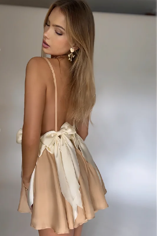 BRIANNA MINI DRESS - CHAMPAGNE SILK & CREAM BOWS Trendy Lace Mini Dress
