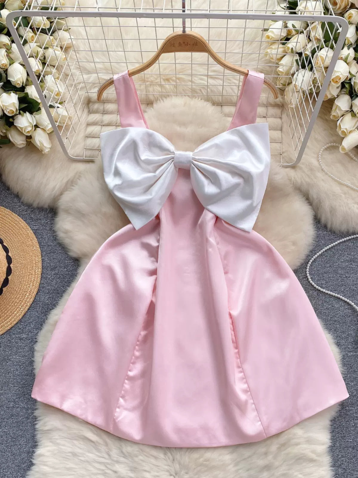 Chic Satin Bow Pink Mini Dress Elegant Velvet Mini Dress