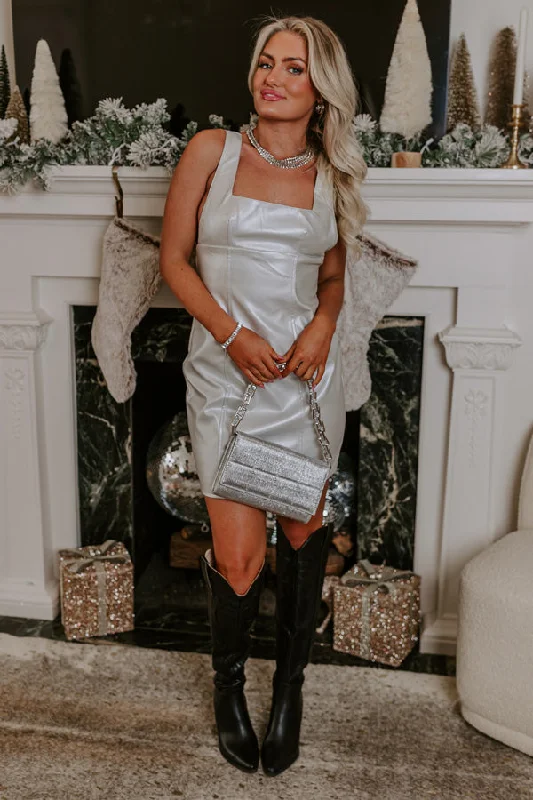 Cocktails And Cheers Faux Leather Mini Dress in Light Silver Comfortable Fit-and-Flare Mini Dress