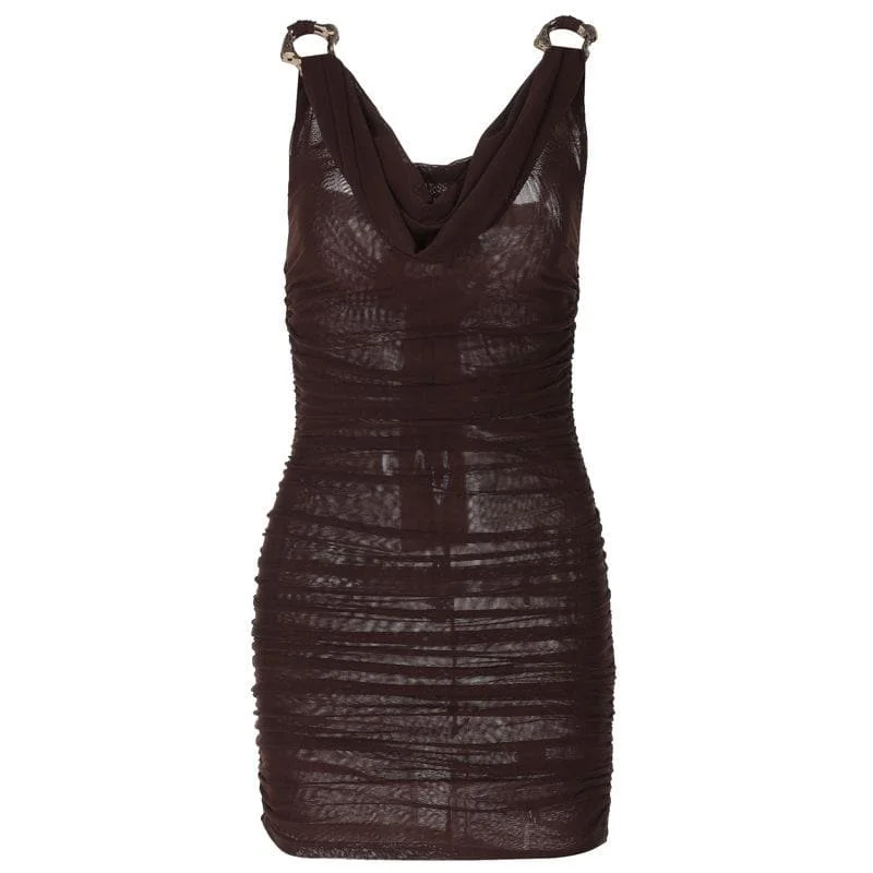 Cowl neck ruched o ring sheer mesh bowknot ribbon backless cami mini dress Classic Black Mini Dress
