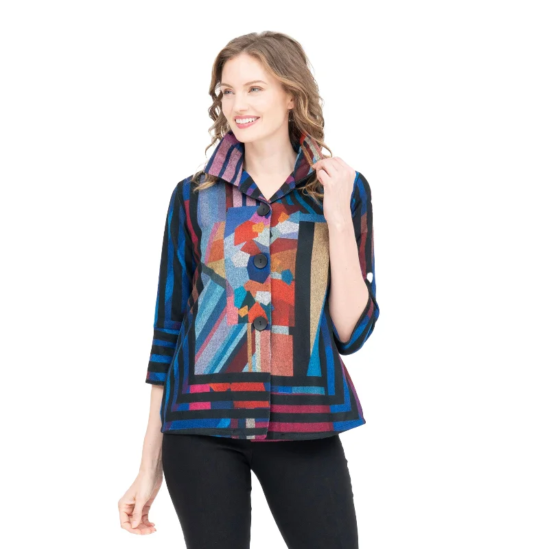 Damee Modern Art-Print Lined Flannel Jacket in Multicolor - 4921 Boat Neck Shawl Collar Notched Collar Damee Modern Art-Print Lined Flannel Jacket in Multicolor - 4921 Boat Neck Shawl Collar Notched Collar
