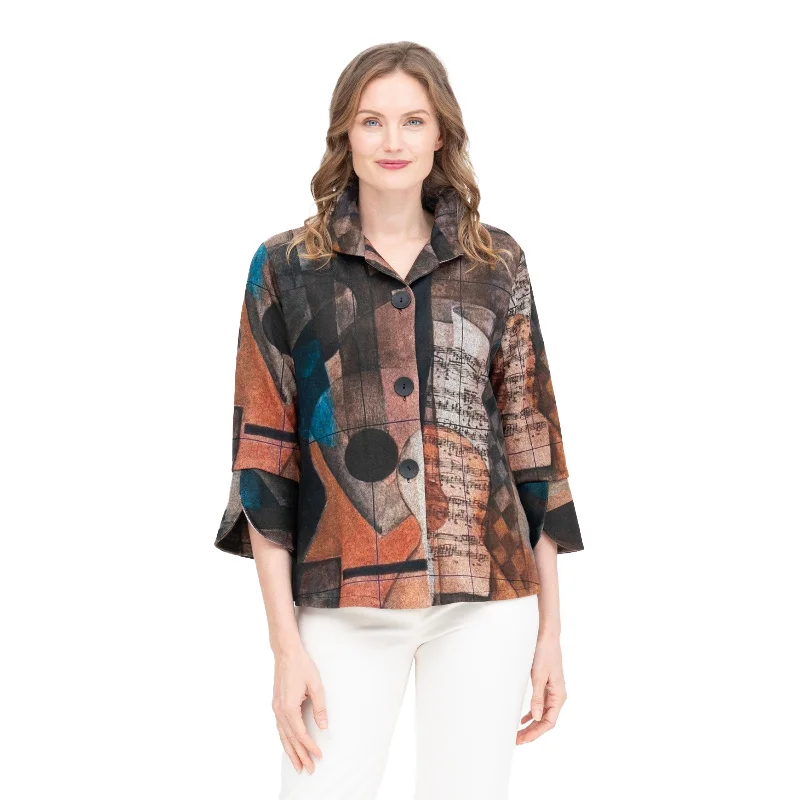 Damee Musical Notes Print Flannel Jacket - 4919-BRN Cardigan Sweater Pullover