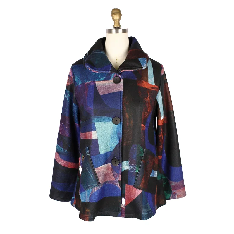 Damee Colorblock Modern Art-Print Soft Flannel Jacket in Blue/Multi - 4911 Belted Jacket Elasticated Jacket Padded Jacket