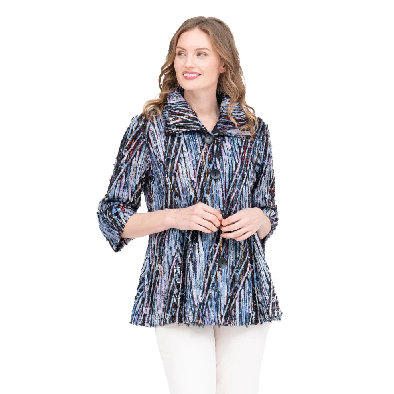 Damee Sequined Chenille Jacket on Mesh in Blue/Multi - 4925-BLU Wool Jacket Cashmere Jacket Tweed Jacket