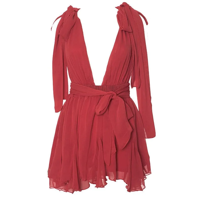 Deep v neck chiffon backless knotted ruffle mini dress Stylish Button-Down Mini Dress