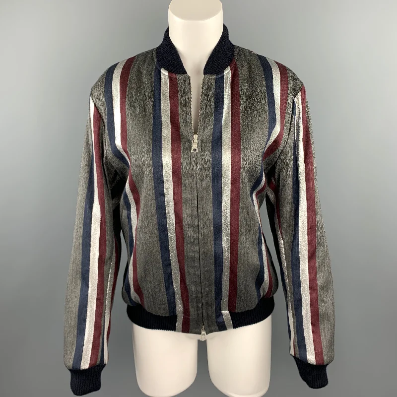 DRIES VAN NOTEN Size M Grey & Navy Stripe Wool Blend Zip Up Jacket Fleece Jacket Down Jacket Feather Jacket DRIES VAN NOTEN Size M Grey & Navy Stripe Wool Blend Zip Up Jacket Fleece Jacket Down Jacket Feather Jacket