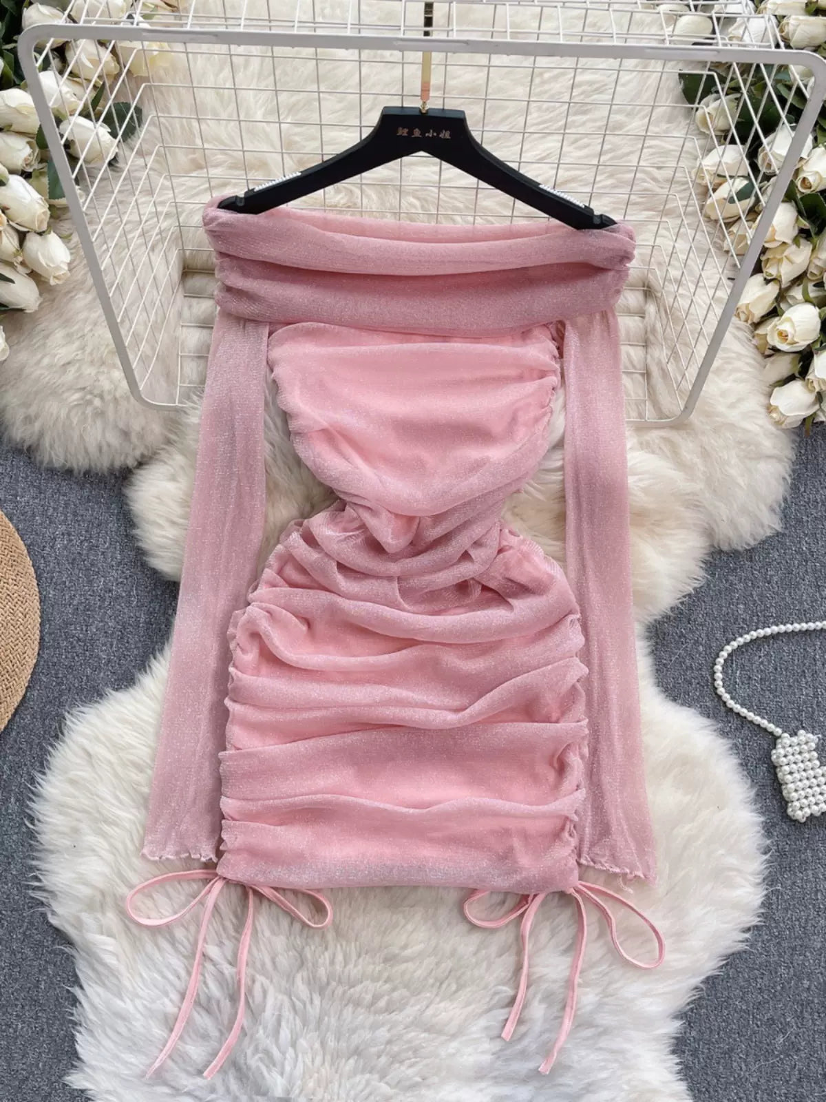 Enchanting Pink Velvet Ruched Mini Dress Fashionable Off-Shoulder Mini Dress