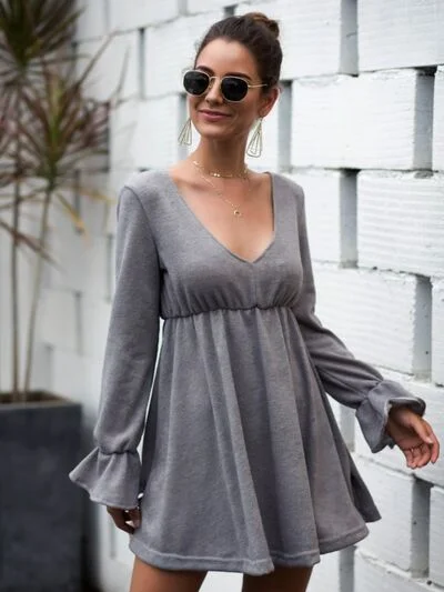 Flounce Sleeve V-Neck Mini Dress Fashionable Lace Mini Dress