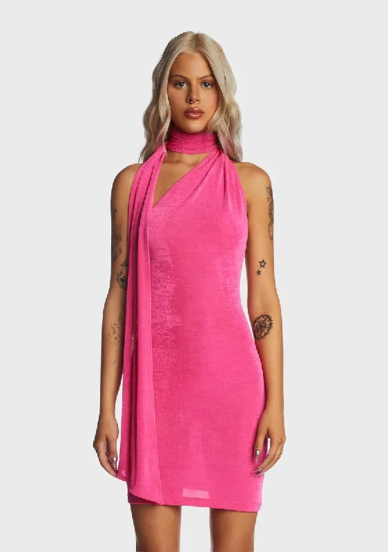 Fuschia Tie Neck Mini Dress Stylish Ruffle Mini Dress