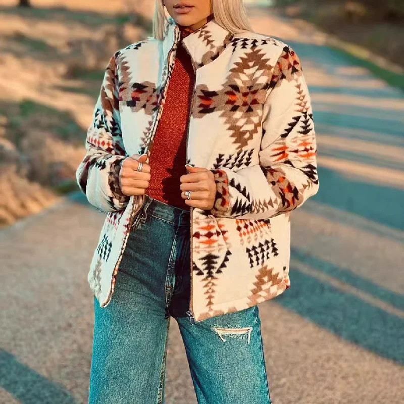 Geometric Aztec Print Women's Stand Collar Jacket Ribbed Jacket Pleated Jacket Ruffled Jacket Geometric Aztec Print Women's Stand Collar Jacket Ribbed Jacket Pleated Jacket Ruffled Jacket