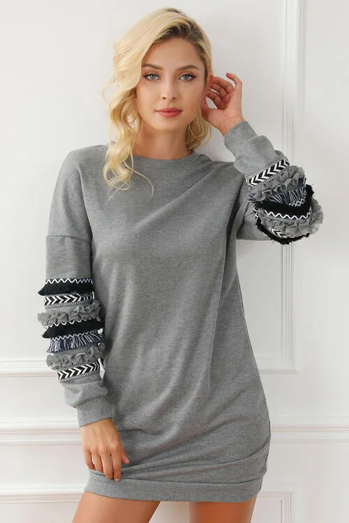Geometric Fringe Trim Long Sleeve Mini Dress Elegant Mini Dress with Ruffles