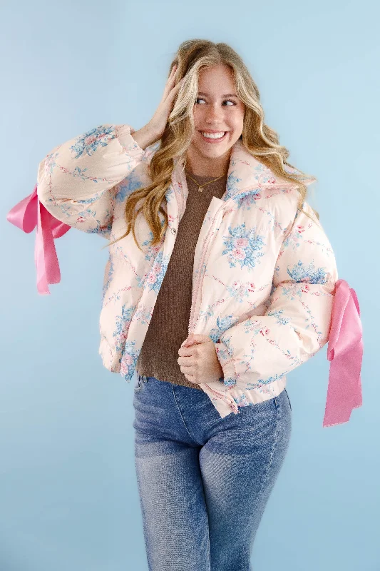 Graceful Moments Puffer Jacket-Peach Satin Fabric Silk Fabric Chiffon Fabric