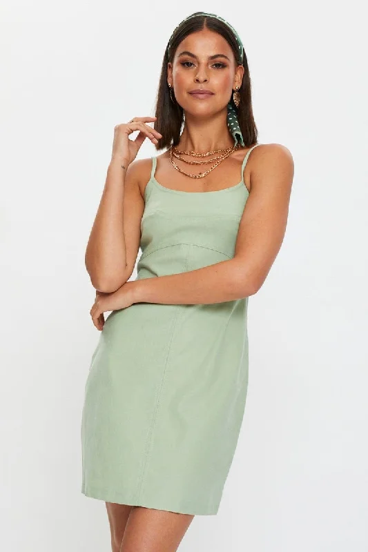 Green Panel Detail Mini Dress Fashionable Mini Dress with Frills
